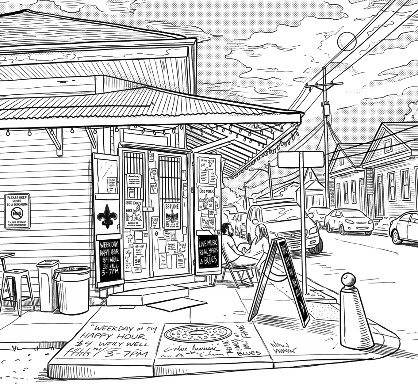 Ink line drawing of a New Orleans neighborhood bar and street scene
