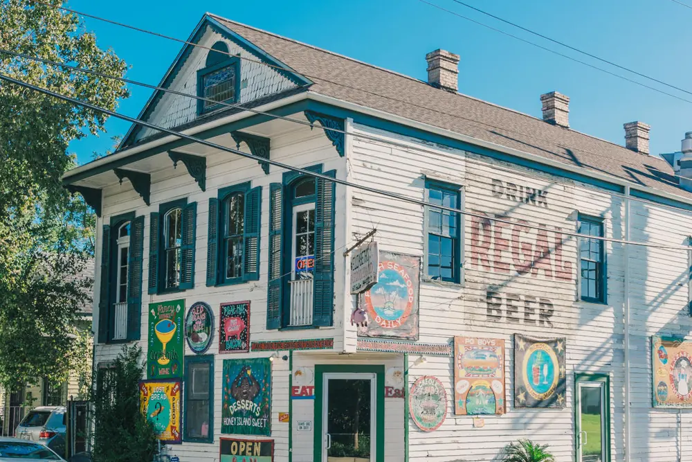 Elizabeth’s Restaurant, a two-story painted wood building on a Bywater corner.