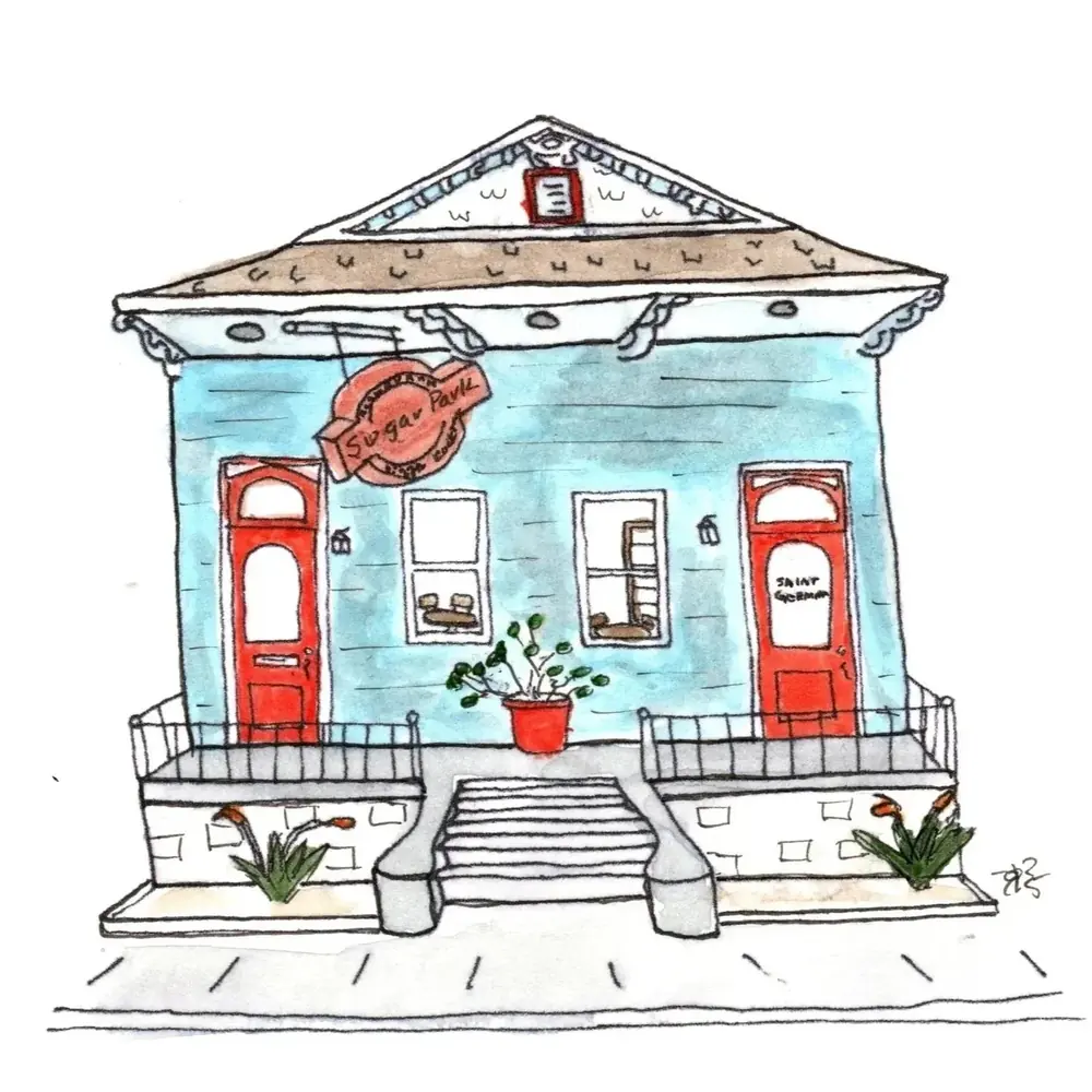 A watercolor-style illustration of Saint-Germain’s blue cottage with red doors.